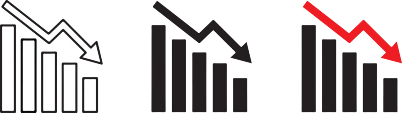 Set of three declining bar charts with downward trend arrows