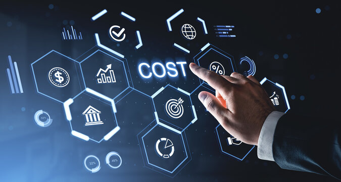 Business hand interacting with digital cost interface showing finance icons in futuristic style on dark background for business concept and creative idea management.