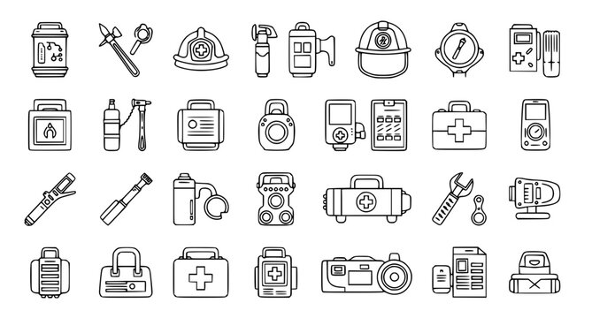 Emergency medical response and rescue equipment icons set featuring first aid kits and tactical survival gear for professional paramedics and public safety services