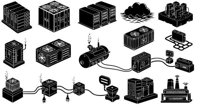 Industrial power and HVAC cooling system icons set in isometric black and white style for data center infrastructure and facility management technical documentation