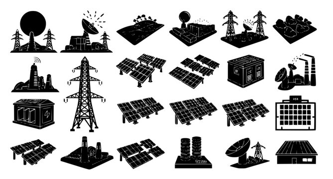 Renewable energy and solar power infrastructure icons set in solid black style for sustainable energy projects and green technology facility visual communication designs