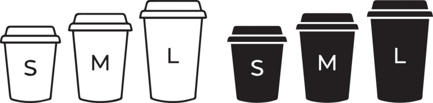 Set of coffee cup icons in small medium and large sizes