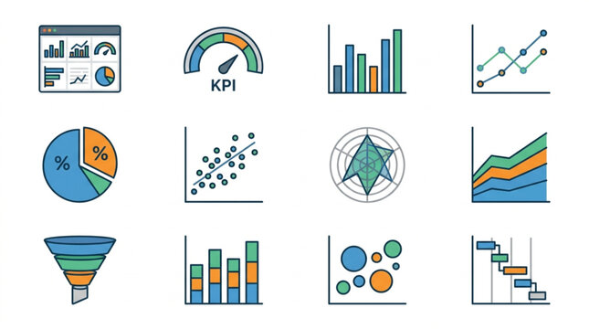 Collection of Business Data Analysis Charts and Graphs Icons.