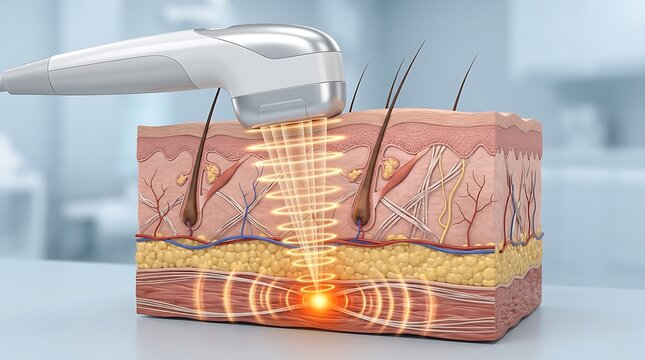 3d illustration of hifu skin tightening treatment showing focused ultrasound waves targeting deep smas layer