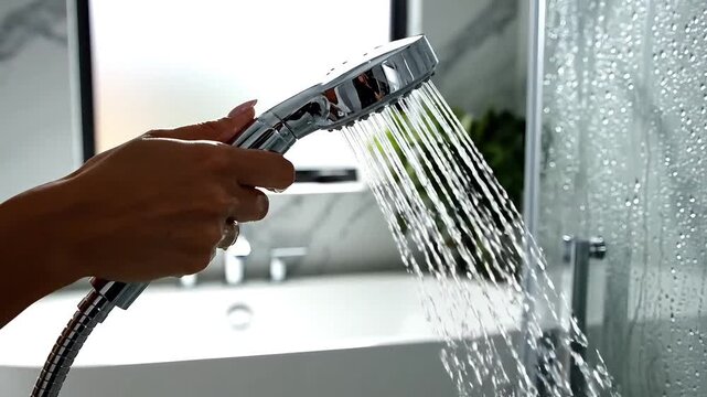 Close up of a hand holding a shower head with water spraying into a modern bathroom