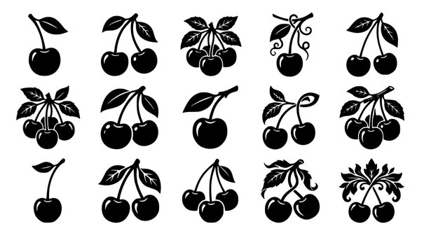 Black cherry clipart vector set featuring fruit with stems and leaves