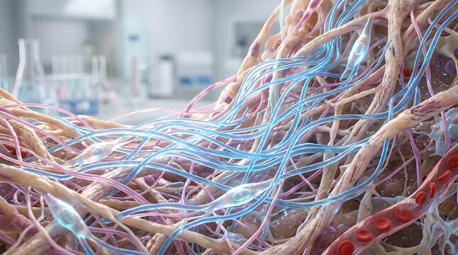 Magnified view of biological tissue showing nerves, connective fibers, and blood vessels in a scientific research context