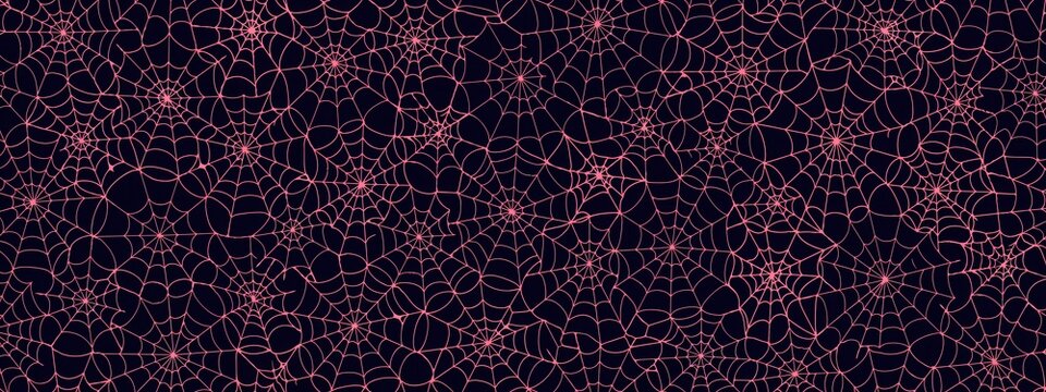 Seamless pattern with pink spider webs on a dark background for halloween design