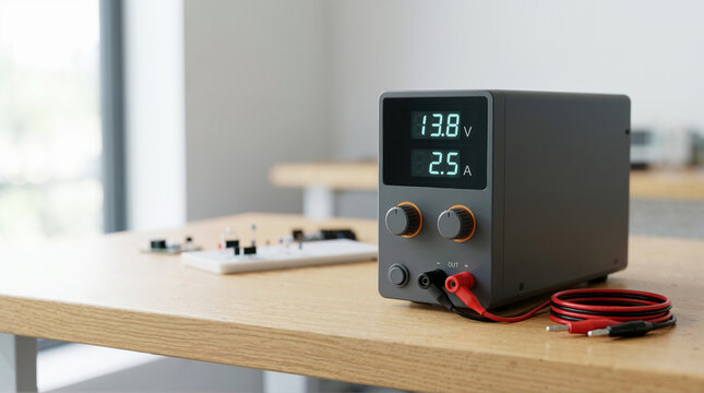 Adjustable bench power supply on a wooden workbench. Digital display showing voltage and current in an electronics lab. Testing equipment with test leads