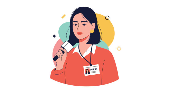 Professional female journalist with black hair holding a white microphone and wearing a press ID badge around her neck.