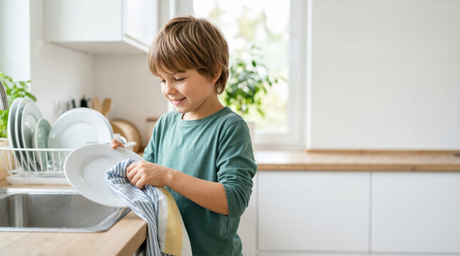 Young boy drying white plate with striped towel. Happy child helping with kitchen chores. Daily life and domestic responsibility concept