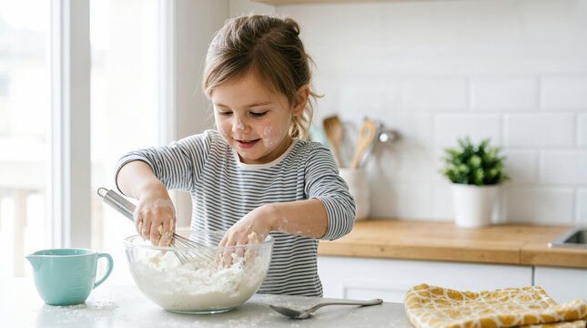 Young girl mixing flour in glass bowl. Happy child baking and cooking in bright kitchen. Messy childhood learning and daily life concept
