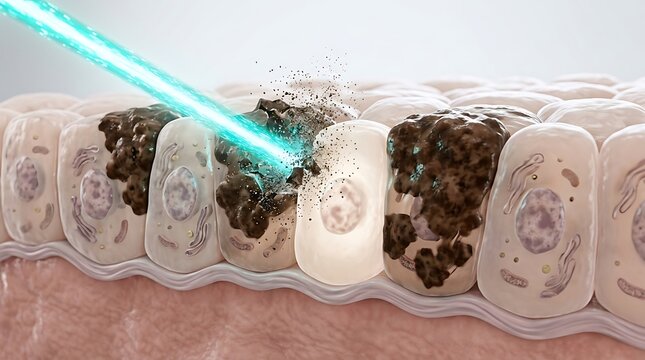 Laser treatment of pigmented skin cells, showing pigment breakdown for hyperpigmentation or tattoo removal