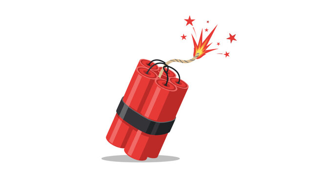 Bundle of red dynamite sticks with a black strap and a lit sparking fuse ready for a controlled explosion in an illustration.