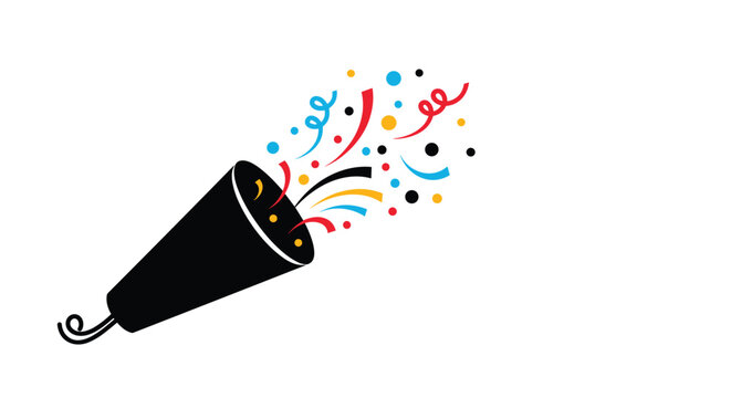 Black party popper cone exploding with colorful confetti and streamers to celebrate a festive event or special occasion.