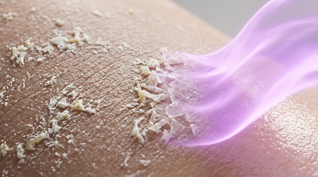 Closeup of dry, flaky skin with a swirl of purple cream