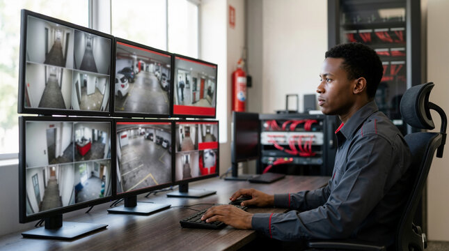 Male security guard monitoring surveillance screens in control room. Black officer checking cctv camera feeds on multiple monitors. Safety and protection concept