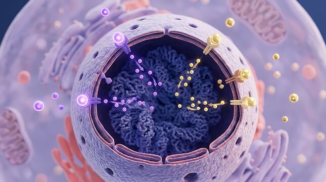 3d illustration of nuclear transport, showing molecules entering and exiting the cell nucleus through nuclear pore complexes