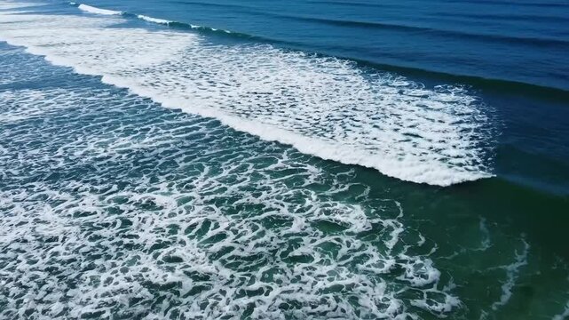 Crashing ocean waves create white foam patterns on a clear blue sea
