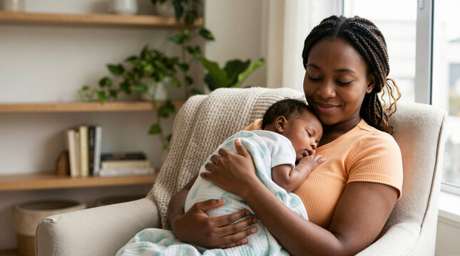 African American mother holding sleeping newborn baby on chest. Happy black mom bonding with infant in armchair. Parenthood and love concept