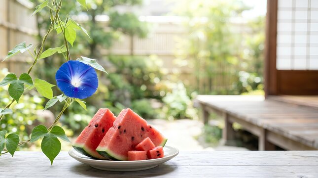 明るい庭先のテーブルに用意されたみずみずしいスイカと朝顔