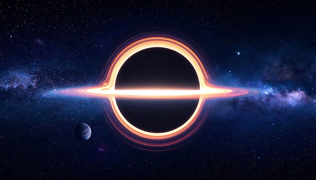 Vibrant accretion disk surrounds a black hole in deep space, with stars and a distant planet, cosmic, astronomical