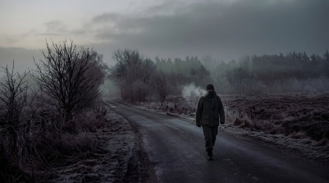Man walks alone on frosty road in winter mist