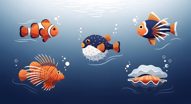 Tropical fish and oyster in underwater environment