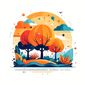 Vibrant autumn trees and foliage in a stylized landscape with clouds and sun, playful pixel art illustration