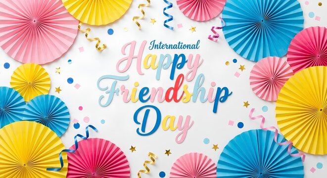 Happy friendship day colorful rosette decorations and festive celebration banner