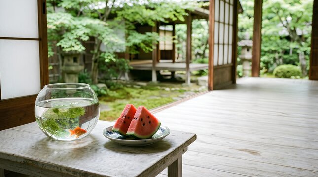 古民家の縁側で味わうスイカと金魚鉢