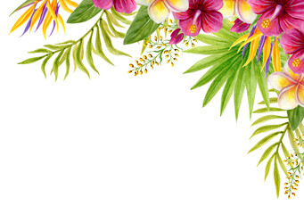 Tropical flowers corner frame. Floral tropics ornament. Watercolor painting with pink Hibiscus flowers and palm leaves. Tropic summer composition. © Marisha
