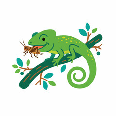 Fototapeta premium Green lizard eating cricket insect on a branch. Reptile feeding concept. Flat vector illustration isolated on white background
