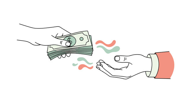 Two hands exchanging a stack of green dollar bills representing a payment, donation, or commercial transaction process.