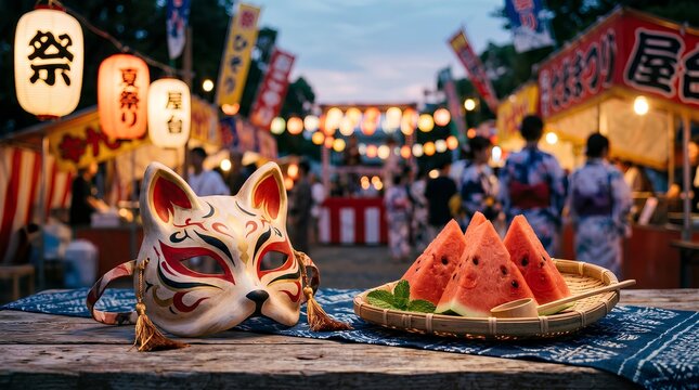 夏祭りの風景と狐のお面、カットスイカ