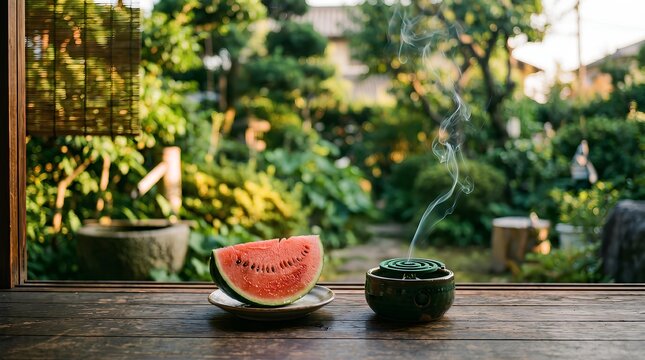 日本の夏の風物詩・縁側のスイカと蚊取り線香