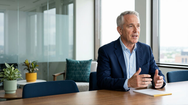 Senior male executive talking during a meeting in a modern boardroom. Confident mature businessman speaking and gesturing at a conference table
