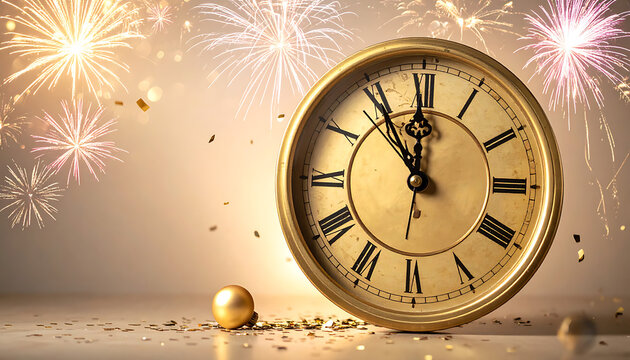 Vintage gold clock face nearing midnight with fireworks and falling confetti, celebrating new year's eve countdown