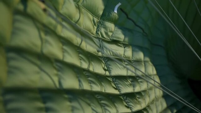 Green fabric canopy with stitched seams and diagonal cords