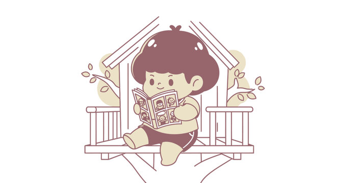 Cute cartoon character reading a book on treehouse porch.