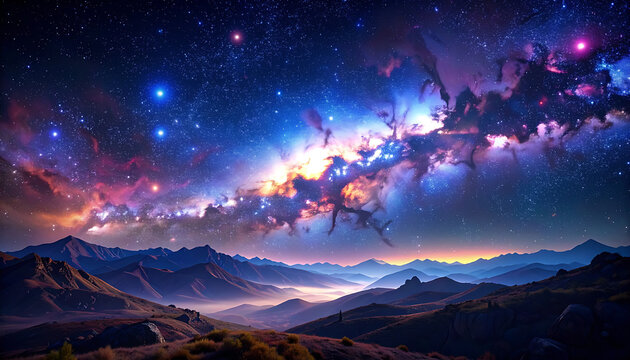 Vibrant cosmic nebula and starry night sky above a misty mountain range, celestial panorama with glowing galaxies
