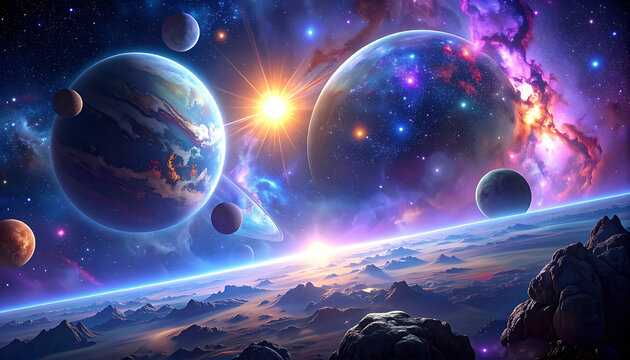 Vibrant cosmic landscape with glowing planets and nebulae, distant sun flare, starry sky, digital art