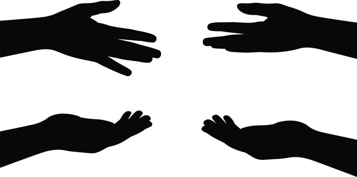 Black silhouettes of open hands in various gestures on a white background Keywords: silhouette, hand, hands, open, gesture, palm