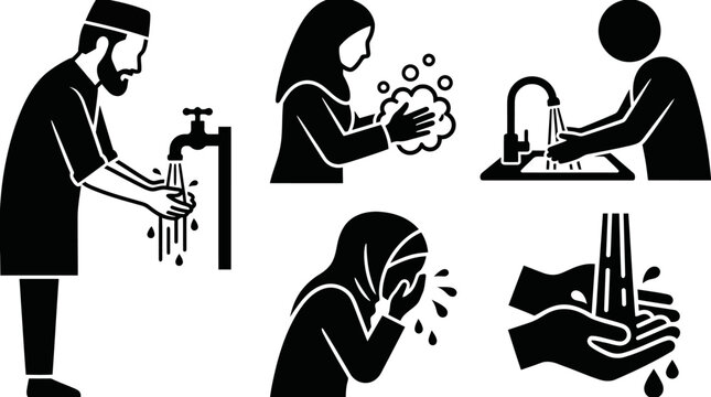 Black and white icons illustrating the Islamic ritual of Wudu, showing people performing ablution by washing hands, arms, face, and feet with water from a tap.