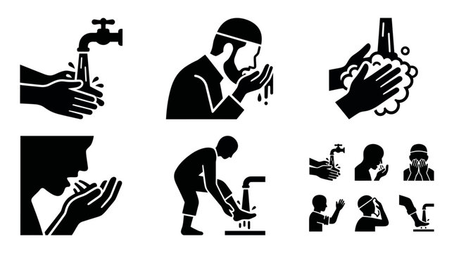Black and white icons illustrating the detailed steps of Wudu, the Islamic ritual ablution performed by Muslims before prayers, emphasizing cleanliness and spiritual preparation.