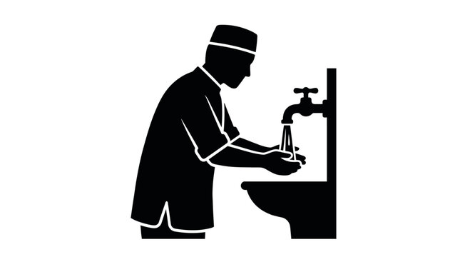 Silhouette of a Muslim man performing ritual ablution (wudu) at a faucet and basin, preparing for prayer.