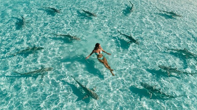 A woman swims with sharks in the clear waters of a tropical sea in the Maldives.
