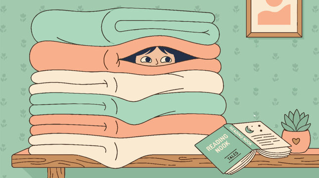 Cute illustration of a person hiding inside a stack of cozy folded blankets on a shelf.