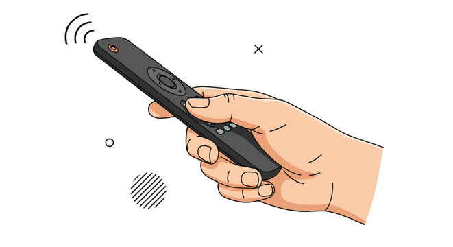 Human hand holding a modern black remote control pointing it toward a screen with wireless signal lines for home media entertainment.