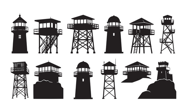 Set of various watchtower silhouettes for security, observation, and industrial surveillance.